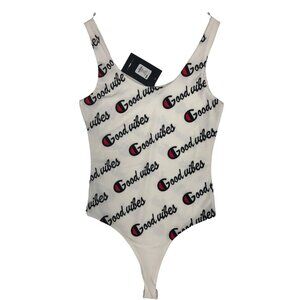 Fashion Nova Swim Suit Women One Piece Size L White w Good Vibes New w Tags